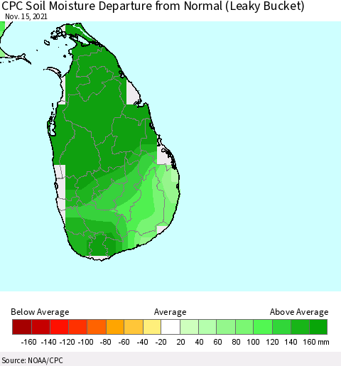 Sri Lanka CPC Soil Moisture Departure from Normal (Leaky Bucket) Thematic Map For 11/11/2021 - 11/15/2021