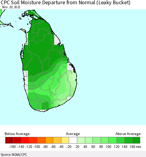 Sri Lanka CPC Soil Moisture Departure from Normal (Leaky Bucket) Thematic Map For 11/16/2021 - 11/20/2021