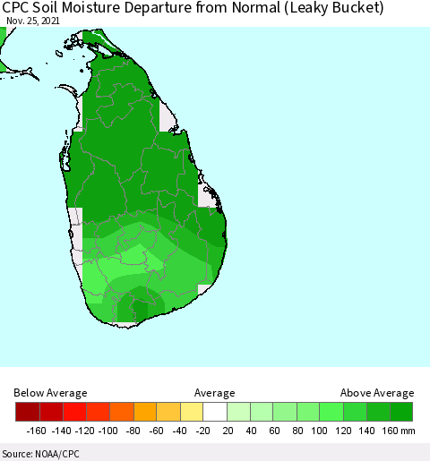 Sri Lanka CPC Soil Moisture Departure from Normal (Leaky Bucket) Thematic Map For 11/21/2021 - 11/25/2021
