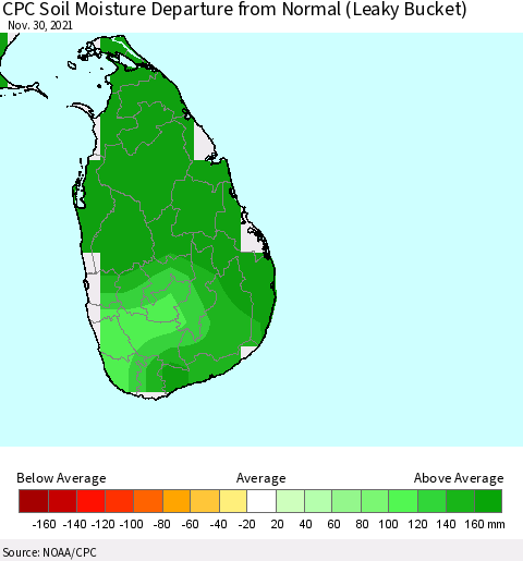 Sri Lanka CPC Soil Moisture Departure from Normal (Leaky Bucket) Thematic Map For 11/26/2021 - 11/30/2021