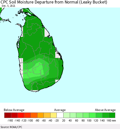 Sri Lanka CPC Calculated Soil Moisture Anomaly (Leaky Bucket) Thematic Map For 12/1/2021 - 12/5/2021
