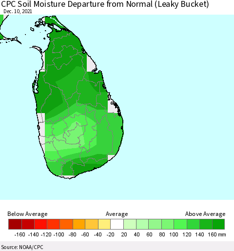 Sri Lanka CPC Soil Moisture Departure from Normal (Leaky Bucket) Thematic Map For 12/6/2021 - 12/10/2021