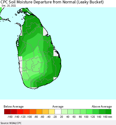 Sri Lanka CPC Calculated Soil Moisture Anomaly (Leaky Bucket) Thematic Map For 12/16/2021 - 12/20/2021