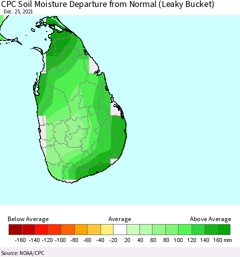 Sri Lanka CPC Soil Moisture Departure from Normal (Leaky Bucket) Thematic Map For 12/21/2021 - 12/25/2021