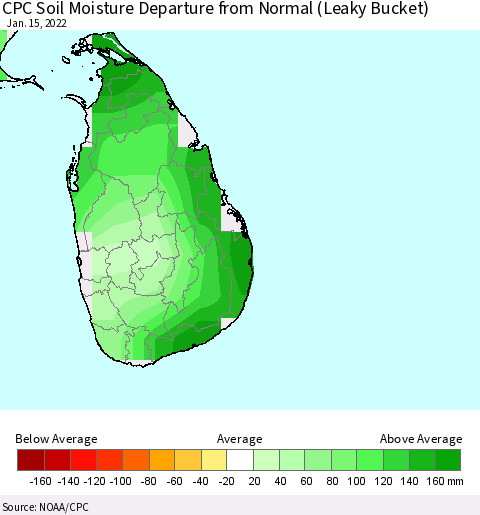 Sri Lanka CPC Soil Moisture Departure from Normal (Leaky Bucket) Thematic Map For 1/11/2022 - 1/15/2022