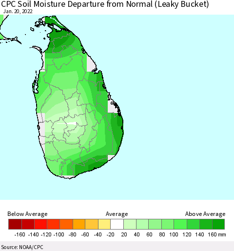 Sri Lanka CPC Soil Moisture Departure from Normal (Leaky Bucket) Thematic Map For 1/16/2022 - 1/20/2022