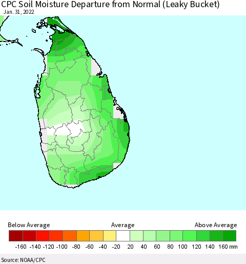 Sri Lanka CPC Calculated Soil Moisture Anomaly (Leaky Bucket) Thematic Map For 1/26/2022 - 1/31/2022