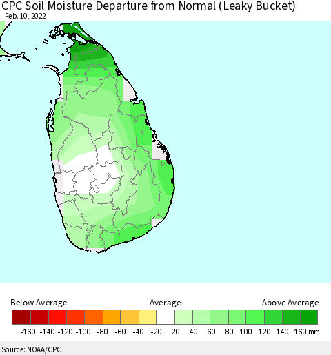 Sri Lanka CPC Soil Moisture Departure from Normal (Leaky Bucket) Thematic Map For 2/6/2022 - 2/10/2022