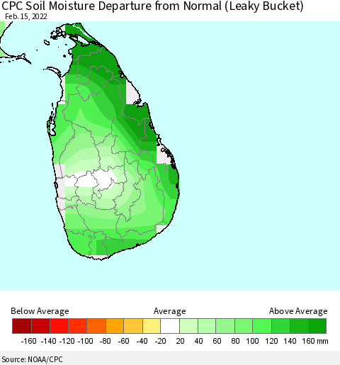 Sri Lanka CPC Soil Moisture Departure from Normal (Leaky Bucket) Thematic Map For 2/11/2022 - 2/15/2022