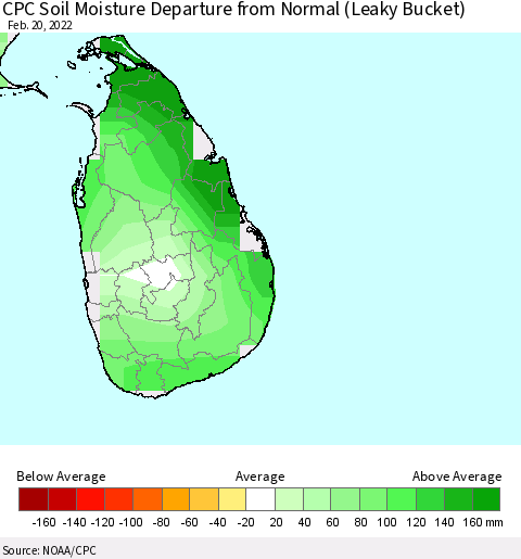 Sri Lanka CPC Soil Moisture Departure from Normal (Leaky Bucket) Thematic Map For 2/16/2022 - 2/20/2022