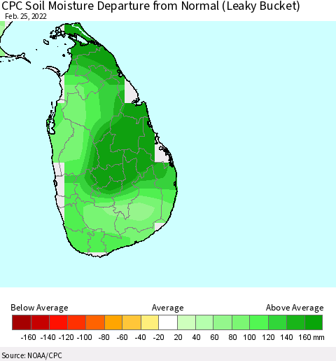 Sri Lanka CPC Soil Moisture Departure from Normal (Leaky Bucket) Thematic Map For 2/21/2022 - 2/25/2022