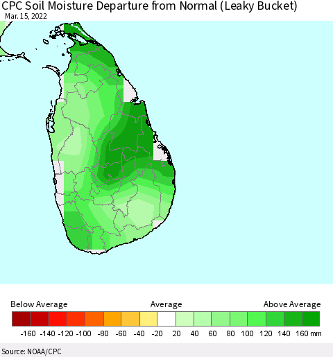 Sri Lanka CPC Soil Moisture Departure from Normal (Leaky Bucket) Thematic Map For 3/11/2022 - 3/15/2022