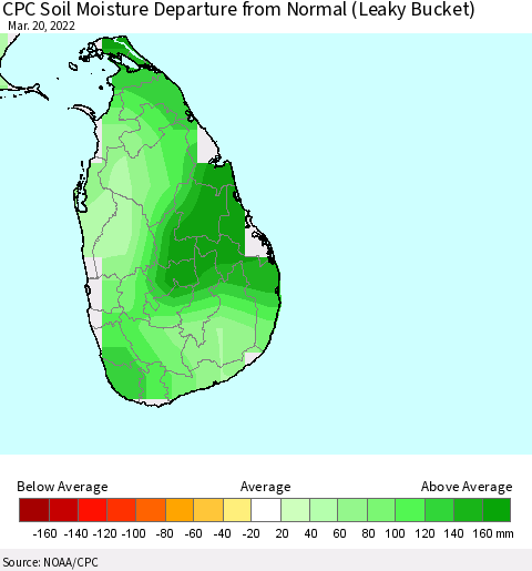 Sri Lanka CPC Calculated Soil Moisture Anomaly (Leaky Bucket) Thematic Map For 3/16/2022 - 3/20/2022