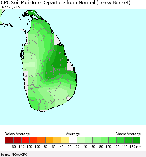 Sri Lanka CPC Soil Moisture Departure from Normal (Leaky Bucket) Thematic Map For 3/21/2022 - 3/25/2022