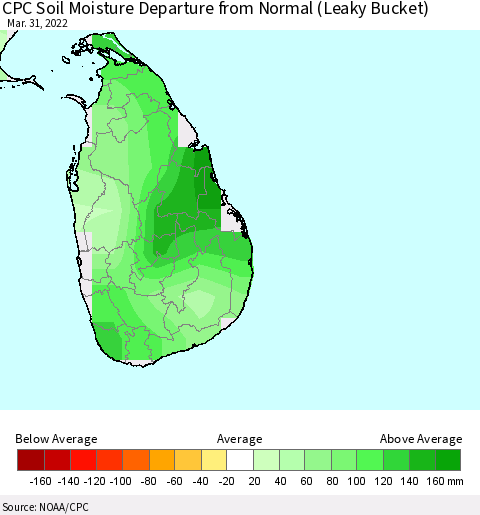 Sri Lanka CPC Soil Moisture Departure from Normal (Leaky Bucket) Thematic Map For 3/26/2022 - 3/31/2022