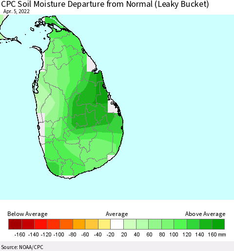 Sri Lanka CPC Soil Moisture Departure from Normal (Leaky Bucket) Thematic Map For 4/1/2022 - 4/5/2022