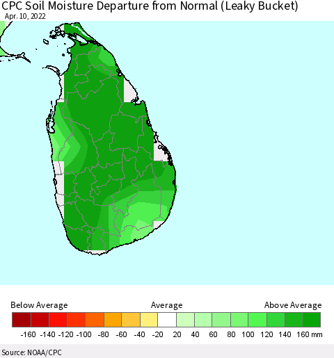 Sri Lanka CPC Soil Moisture Departure from Normal (Leaky Bucket) Thematic Map For 4/6/2022 - 4/10/2022