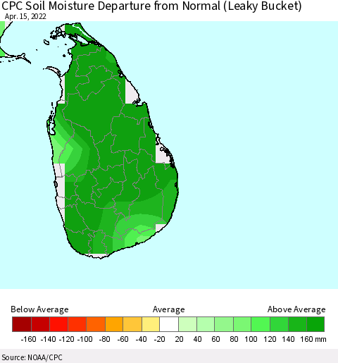 Sri Lanka CPC Soil Moisture Departure from Normal (Leaky Bucket) Thematic Map For 4/11/2022 - 4/15/2022