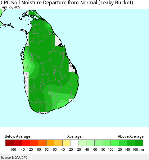 Sri Lanka CPC Calculated Soil Moisture Anomaly (Leaky Bucket) Thematic Map For 4/21/2022 - 4/25/2022