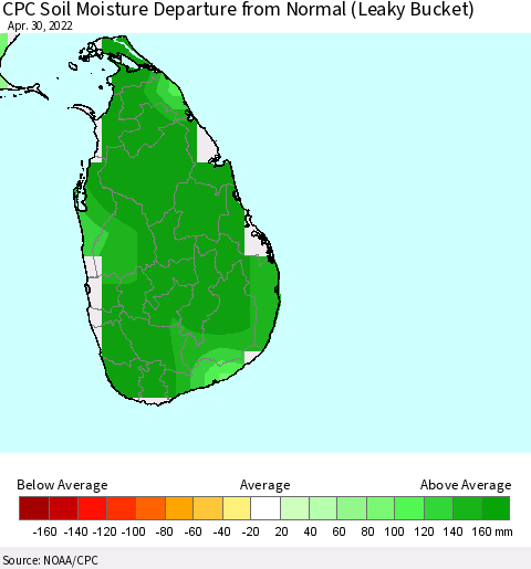 Sri Lanka CPC Soil Moisture Departure from Normal (Leaky Bucket) Thematic Map For 4/26/2022 - 4/30/2022