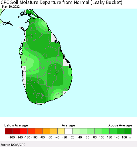 Sri Lanka CPC Soil Moisture Departure from Normal (Leaky Bucket) Thematic Map For 5/6/2022 - 5/10/2022