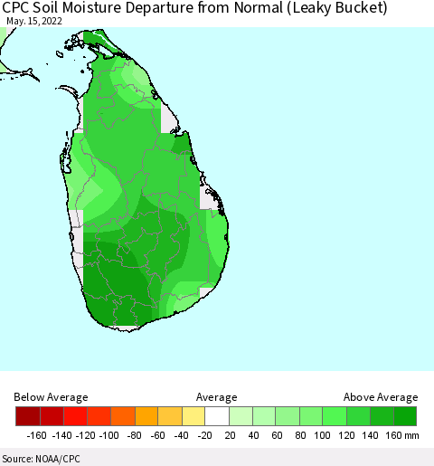 Sri Lanka CPC Soil Moisture Departure from Normal (Leaky Bucket) Thematic Map For 5/11/2022 - 5/15/2022
