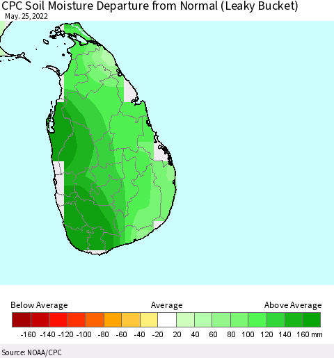 Sri Lanka CPC Calculated Soil Moisture Anomaly (Leaky Bucket) Thematic Map For 5/21/2022 - 5/25/2022