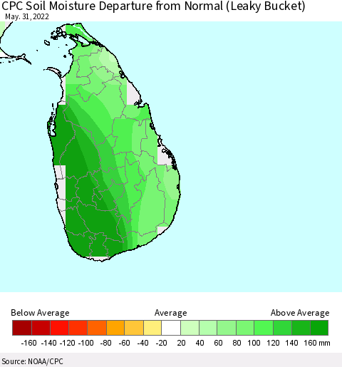 Sri Lanka CPC Calculated Soil Moisture Anomaly (Leaky Bucket) Thematic Map For 5/26/2022 - 5/31/2022
