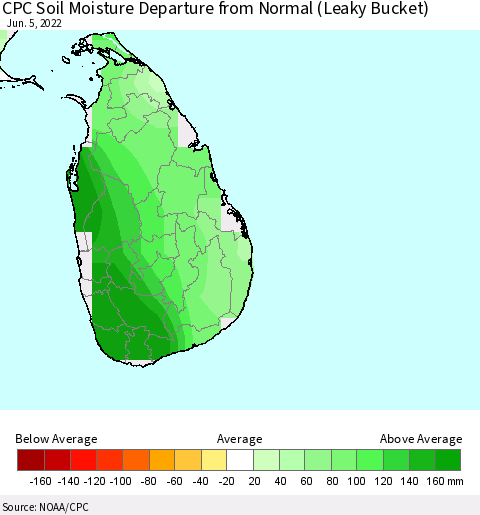 Sri Lanka CPC Soil Moisture Departure from Normal (Leaky Bucket) Thematic Map For 6/1/2022 - 6/5/2022