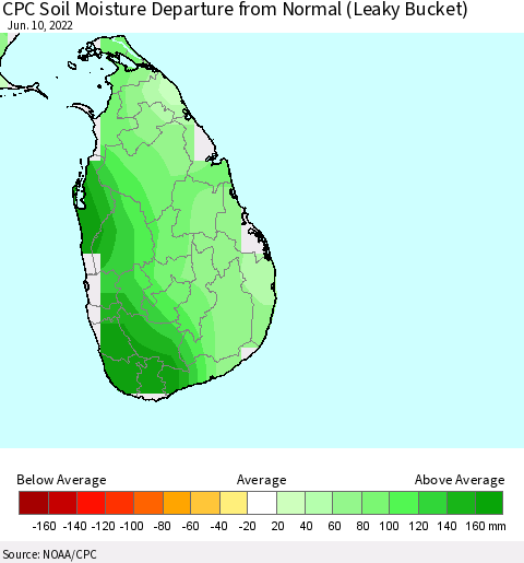 Sri Lanka CPC Soil Moisture Departure from Normal (Leaky Bucket) Thematic Map For 6/6/2022 - 6/10/2022