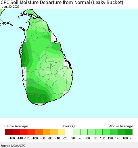 Sri Lanka CPC Calculated Soil Moisture Anomaly (Leaky Bucket) Thematic Map For 6/16/2022 - 6/20/2022