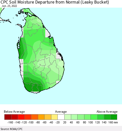 Sri Lanka CPC Calculated Soil Moisture Anomaly (Leaky Bucket) Thematic Map For 6/21/2022 - 6/25/2022