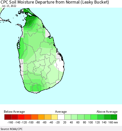 Sri Lanka CPC Calculated Soil Moisture Anomaly (Leaky Bucket) Thematic Map For 7/11/2022 - 7/15/2022