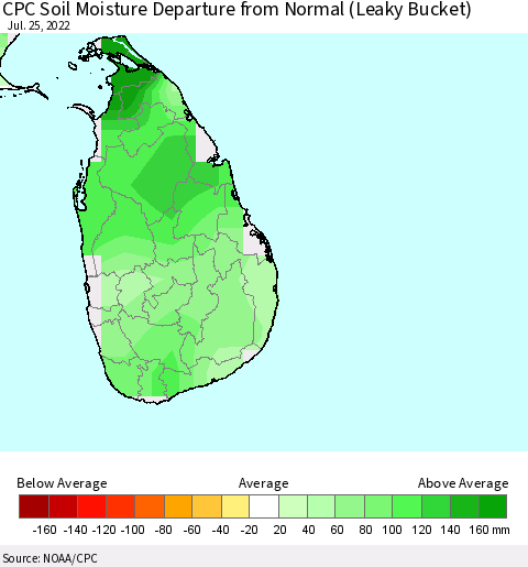 Sri Lanka CPC Soil Moisture Anomaly (Leaky Bucket) Thematic Map For 7/21/2022 - 7/25/2022