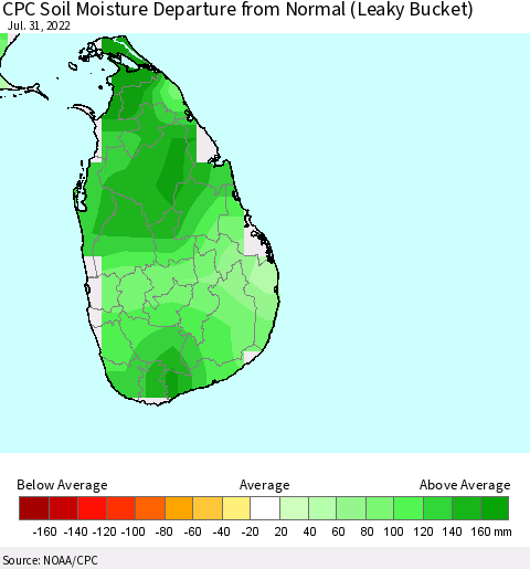 Sri Lanka CPC Calculated Soil Moisture Anomaly (Leaky Bucket) Thematic Map For 7/26/2022 - 7/31/2022