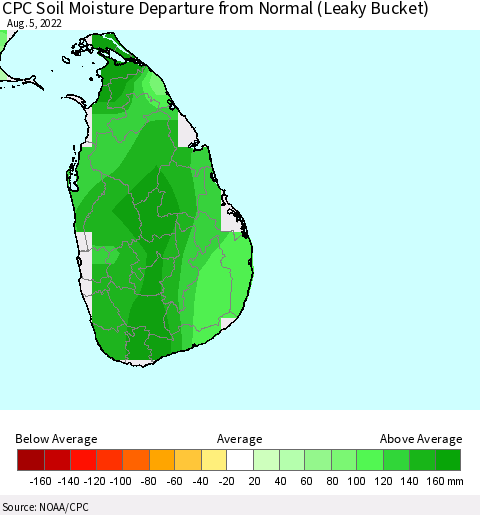 Sri Lanka CPC Soil Moisture Anomaly (Leaky Bucket) Thematic Map For 8/1/2022 - 8/5/2022
