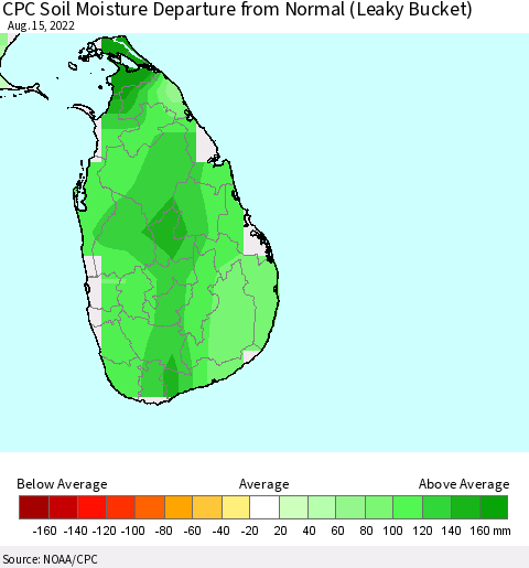 Sri Lanka CPC Calculated Soil Moisture Anomaly (Leaky Bucket) Thematic Map For 8/11/2022 - 8/15/2022