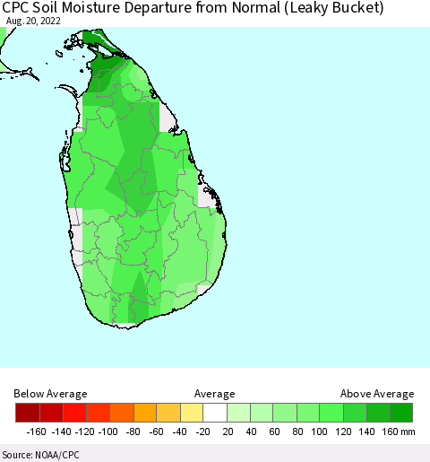 Sri Lanka CPC Calculated Soil Moisture Anomaly (Leaky Bucket) Thematic Map For 8/16/2022 - 8/20/2022