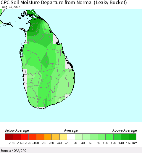 Sri Lanka CPC Calculated Soil Moisture Anomaly (Leaky Bucket) Thematic Map For 8/21/2022 - 8/25/2022