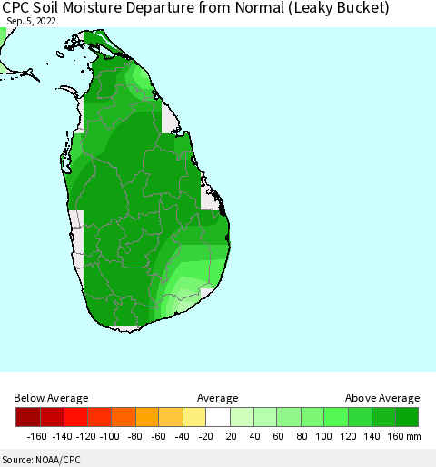 Sri Lanka CPC Calculated Soil Moisture Anomaly (Leaky Bucket) Thematic Map For 9/1/2022 - 9/5/2022
