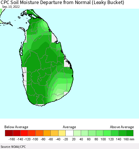 Sri Lanka CPC Soil Moisture Departure from Normal (Leaky Bucket) Thematic Map For 9/6/2022 - 9/10/2022