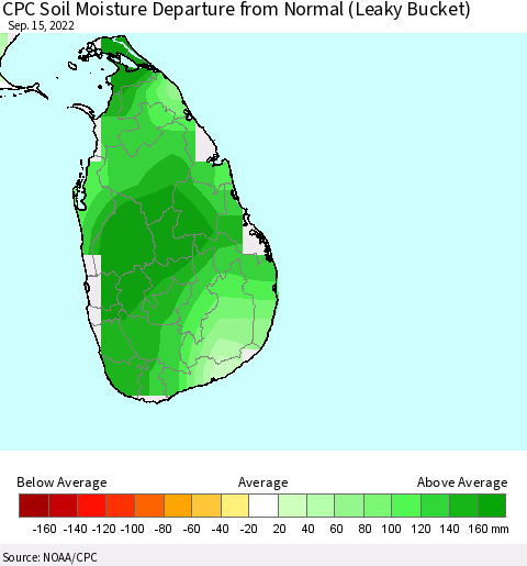 Sri Lanka CPC Calculated Soil Moisture Anomaly (Leaky Bucket) Thematic Map For 9/11/2022 - 9/15/2022
