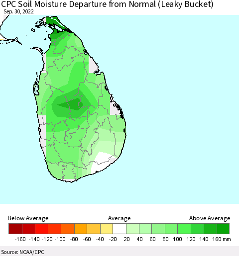 Sri Lanka CPC Calculated Soil Moisture Anomaly (Leaky Bucket) Thematic Map For 9/26/2022 - 9/30/2022
