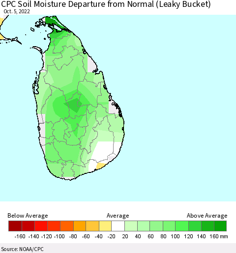 Sri Lanka CPC Soil Moisture Departure from Normal (Leaky Bucket) Thematic Map For 10/1/2022 - 10/5/2022