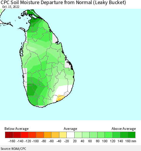 Sri Lanka CPC Soil Moisture Departure from Normal (Leaky Bucket) Thematic Map For 10/11/2022 - 10/15/2022