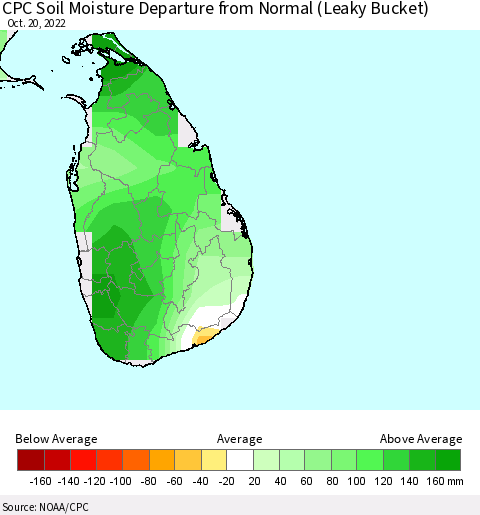 Sri Lanka CPC Calculated Soil Moisture Anomaly (Leaky Bucket) Thematic Map For 10/16/2022 - 10/20/2022