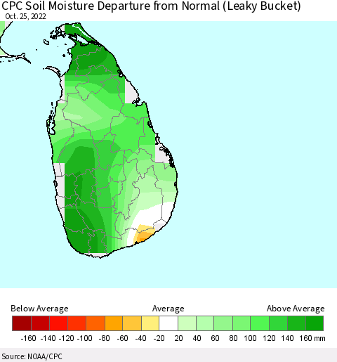 Sri Lanka CPC Calculated Soil Moisture Anomaly (Leaky Bucket) Thematic Map For 10/21/2022 - 10/25/2022