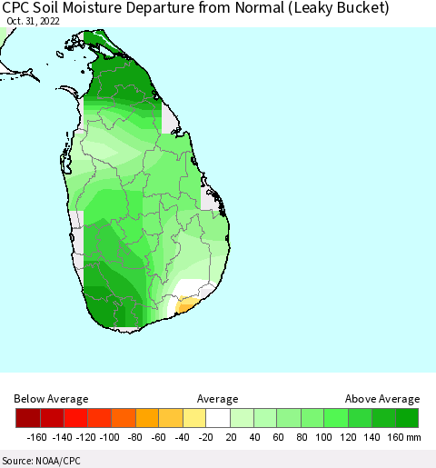 Sri Lanka CPC Calculated Soil Moisture Anomaly (Leaky Bucket) Thematic Map For 10/26/2022 - 10/31/2022
