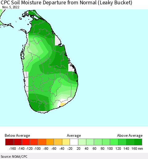 Sri Lanka CPC Calculated Soil Moisture Anomaly (Leaky Bucket) Thematic Map For 11/1/2022 - 11/5/2022