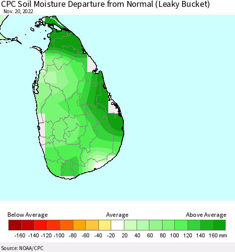 Sri Lanka CPC Soil Moisture Departure from Normal (Leaky Bucket) Thematic Map For 11/16/2022 - 11/20/2022